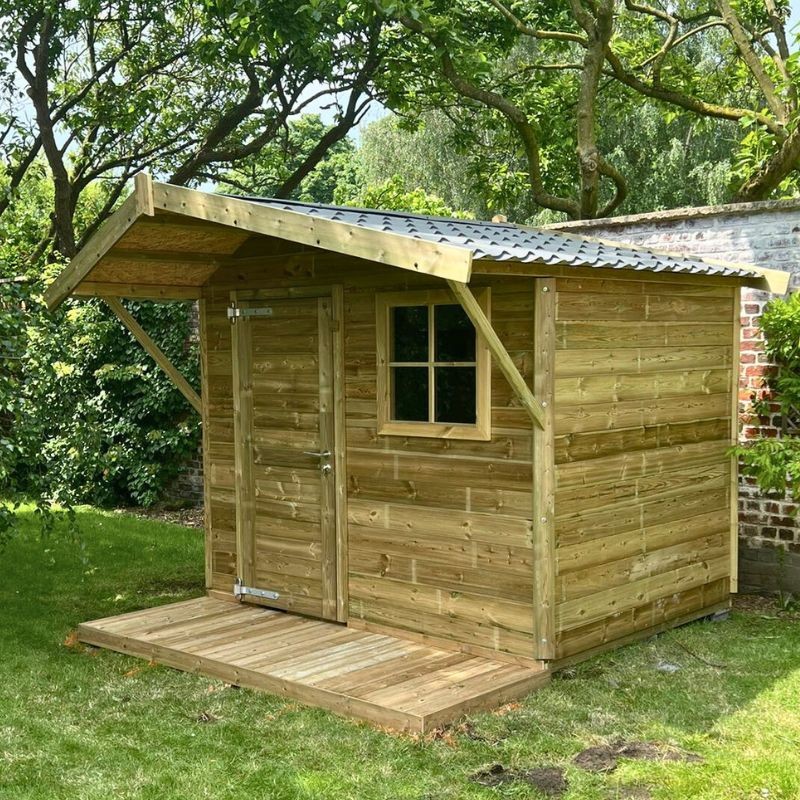 abri de jardin en bois avec porte et fenêtre et avancée de toiture